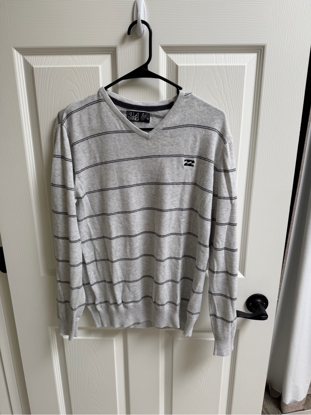 Billabong Light Gray V-Neck Sweater with Navy Stripes